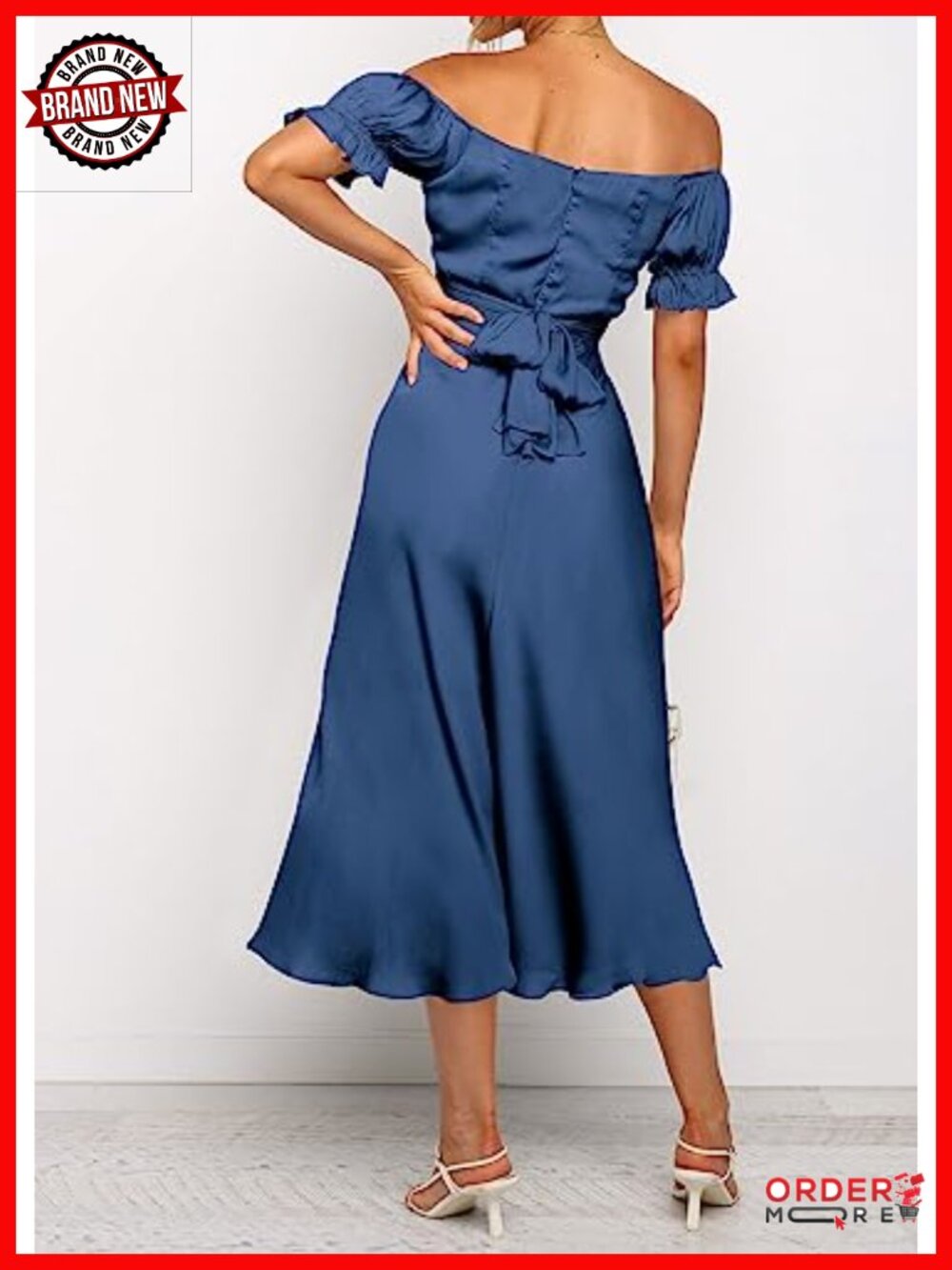 Off Shoulder Satin Midi Dress Wrap Ruched Bust Party Cocktail Formal - Picture 4 of 6